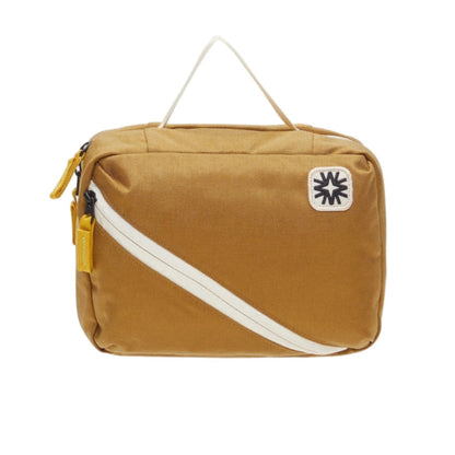 Honey toned canvas toiletry pack dual main compartments and small front organizers. Perfect for traveling and camping.