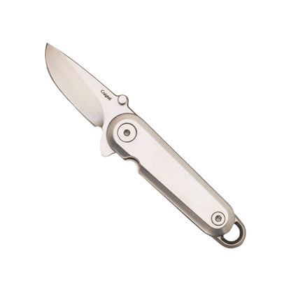 Keychain ready stainless steel pocket knife with a stainless steel blade for easy cutting.