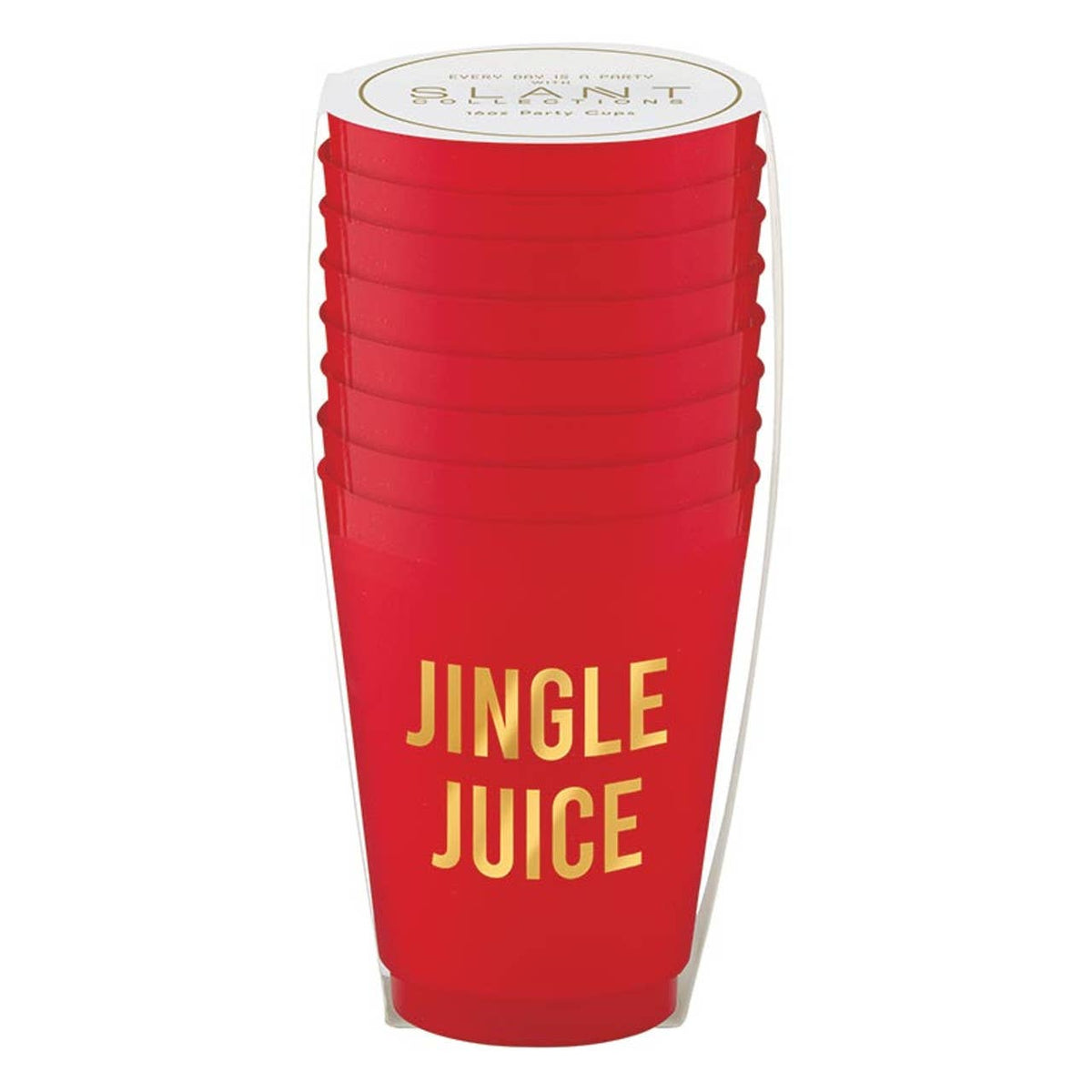 A stack of red plastic party cups with 'JINGLE JUICE' printed in gold on the front, shown on a plain white background.