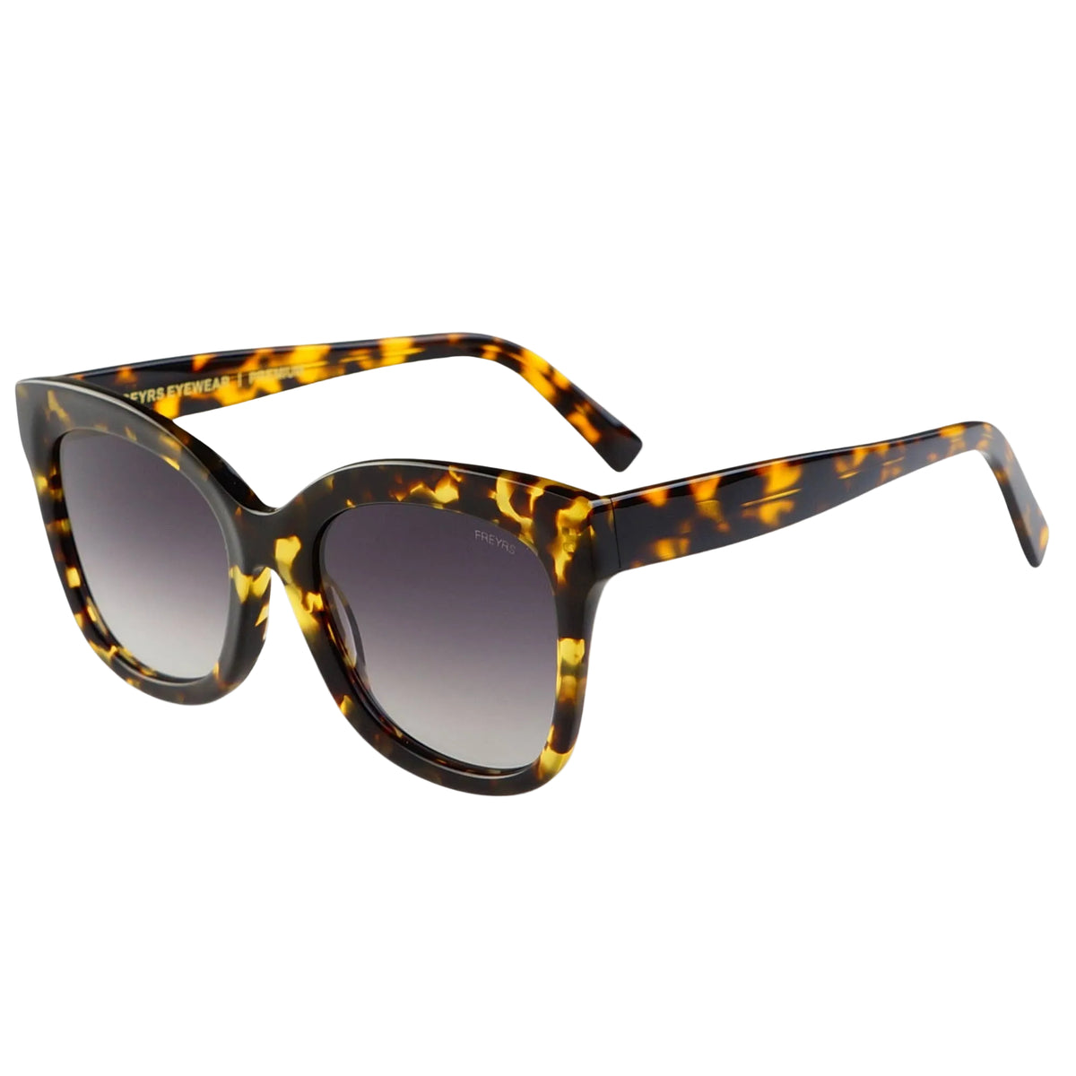 Sunglasses with tortoiseshell frame and gradient lenses on a white background