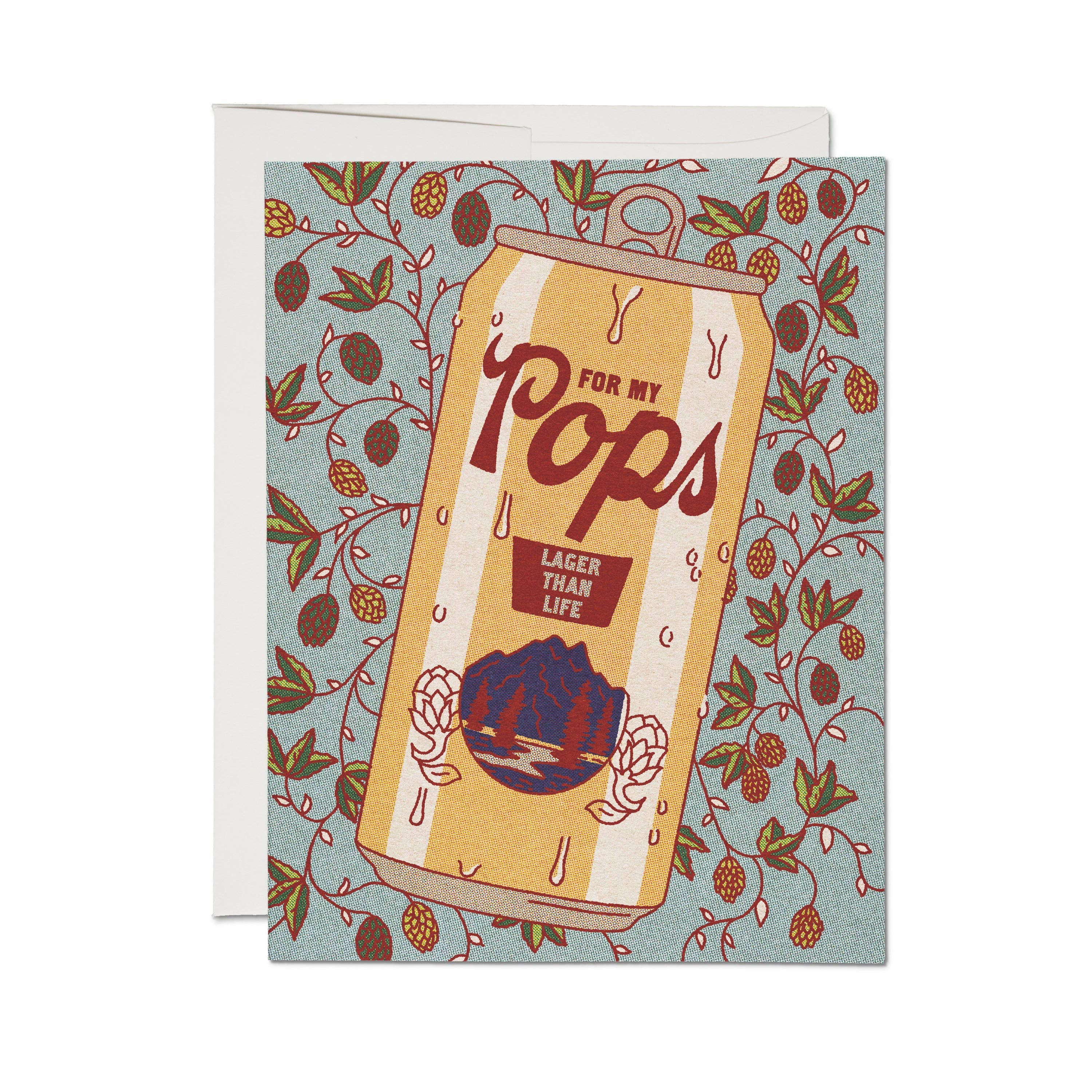 Greeting card with a beer can design and decorative elements on a light blue background