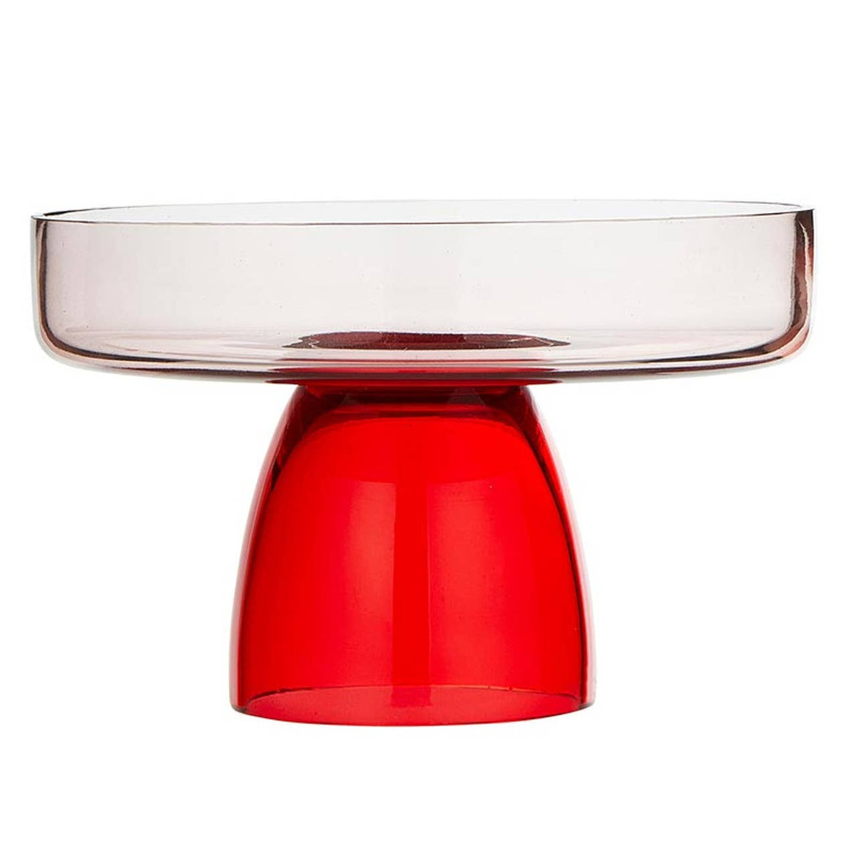 A modern pedestal stand made of translucent glass, featuring a wide, shallow clear bowl on a vibrant red conical base, set against a plain white background.