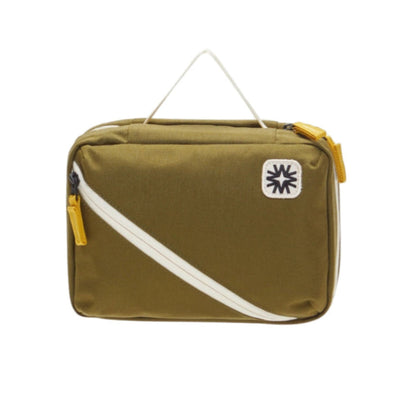Olive toned canvas toiletry pack dual main compartments and small front organizers. Perfect for traveling and camping.