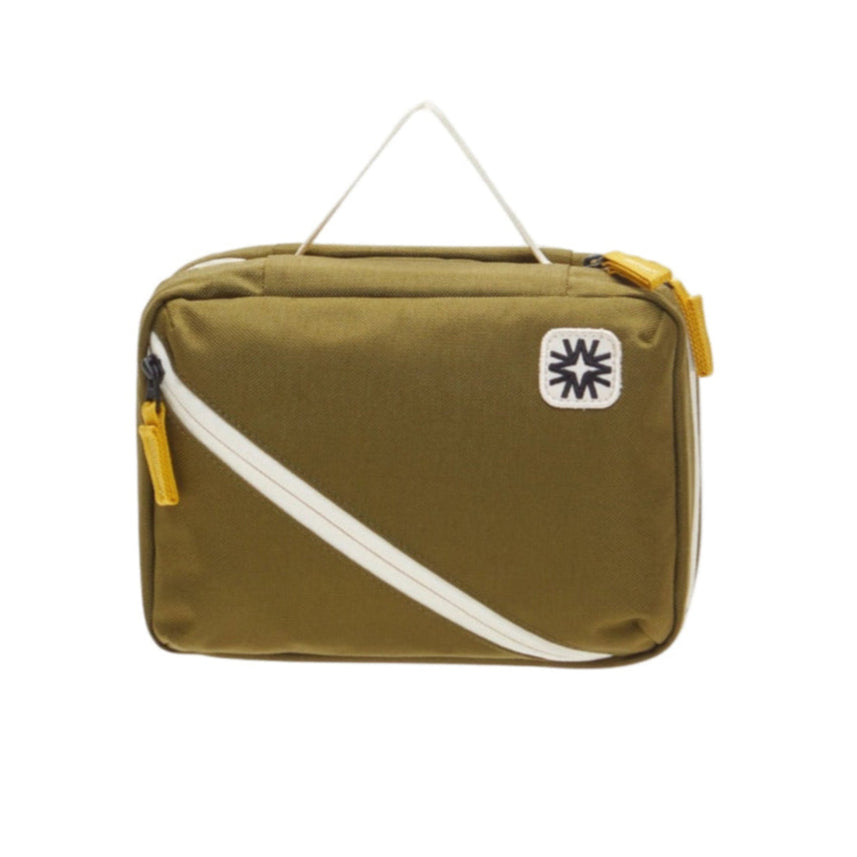 Olive toned canvas toiletry pack dual main compartments and small front organizers. Perfect for traveling and camping.