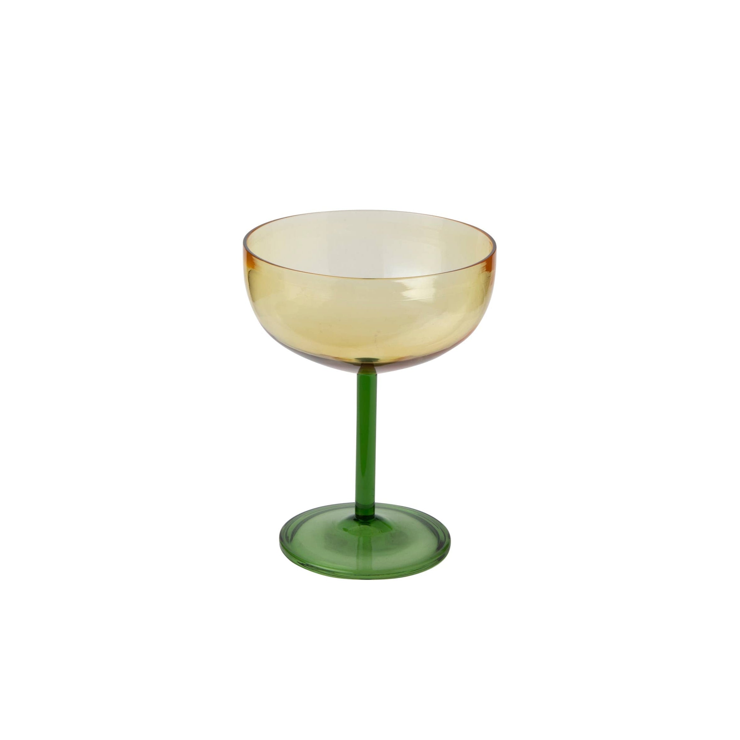 Hand-blown glass coupe with yellow bowl and green stem, elegant 6oz glass perfect for cocktails, champagne, or gifting.