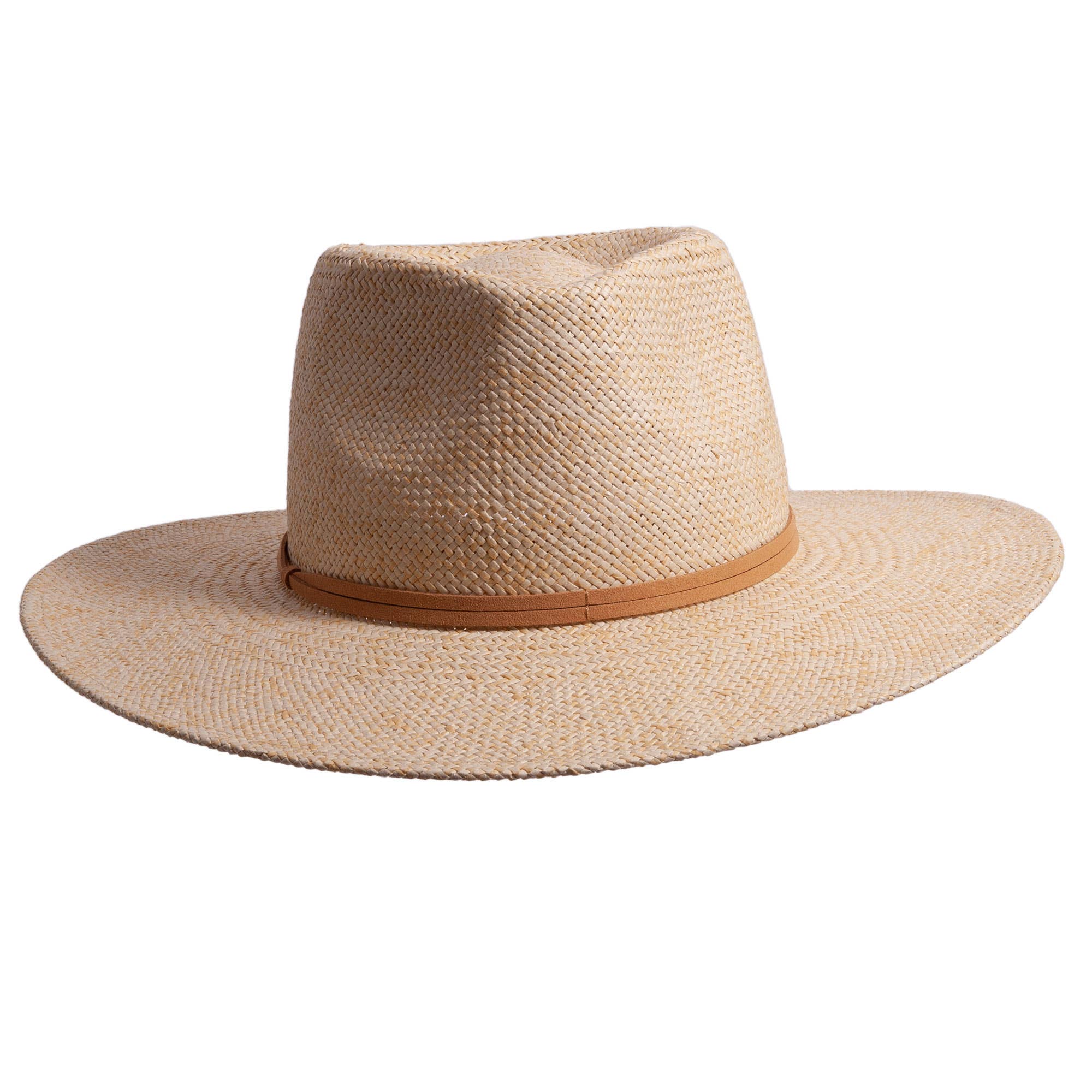 Beige straw hat with a brown band on a white background
