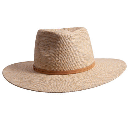 Beige straw hat with a brown band on a white background