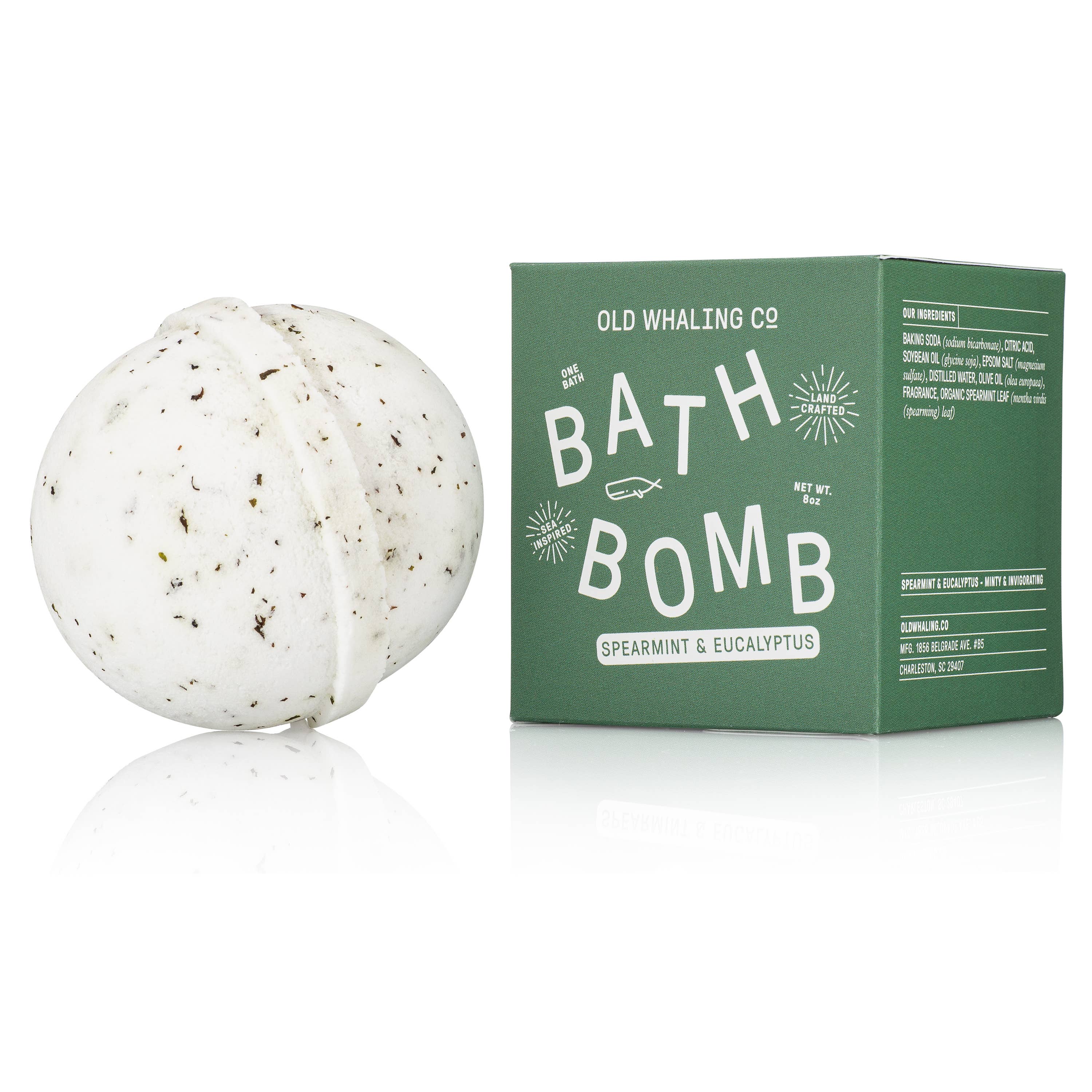 Bath bomb made with Epsom salt, olive oil and soybean oil for soft skin. Eucalyptus and spearmint scented