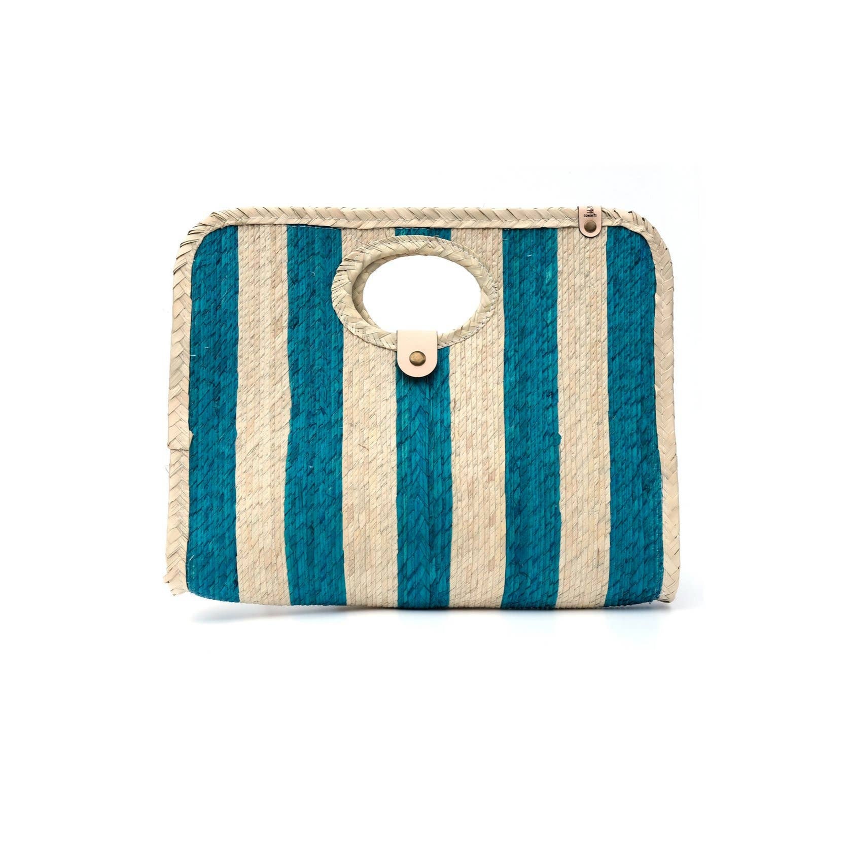 Portfolio-style clutch in cream with simple blue stripes, magnetic closure, a minimalist yet functional everyday accessory