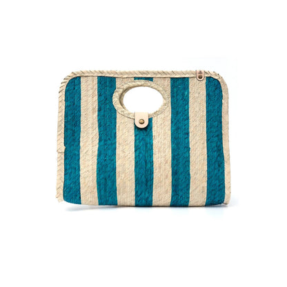 Portfolio-style clutch in cream with simple blue stripes, magnetic closure, a minimalist yet functional everyday accessory
