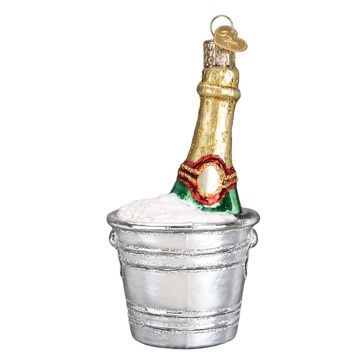 A champagne bottle ornament nestled in a silver bucket, shown on a plain white background.
