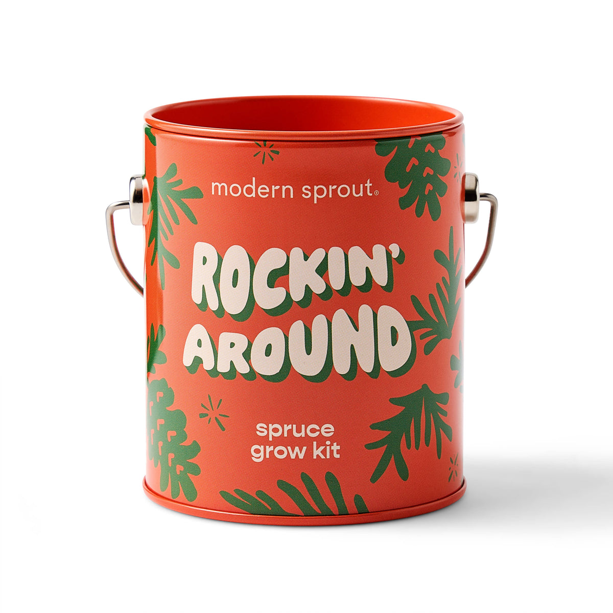 Red tin can , grow kit, with and 'Rockin' Around' text on a white background