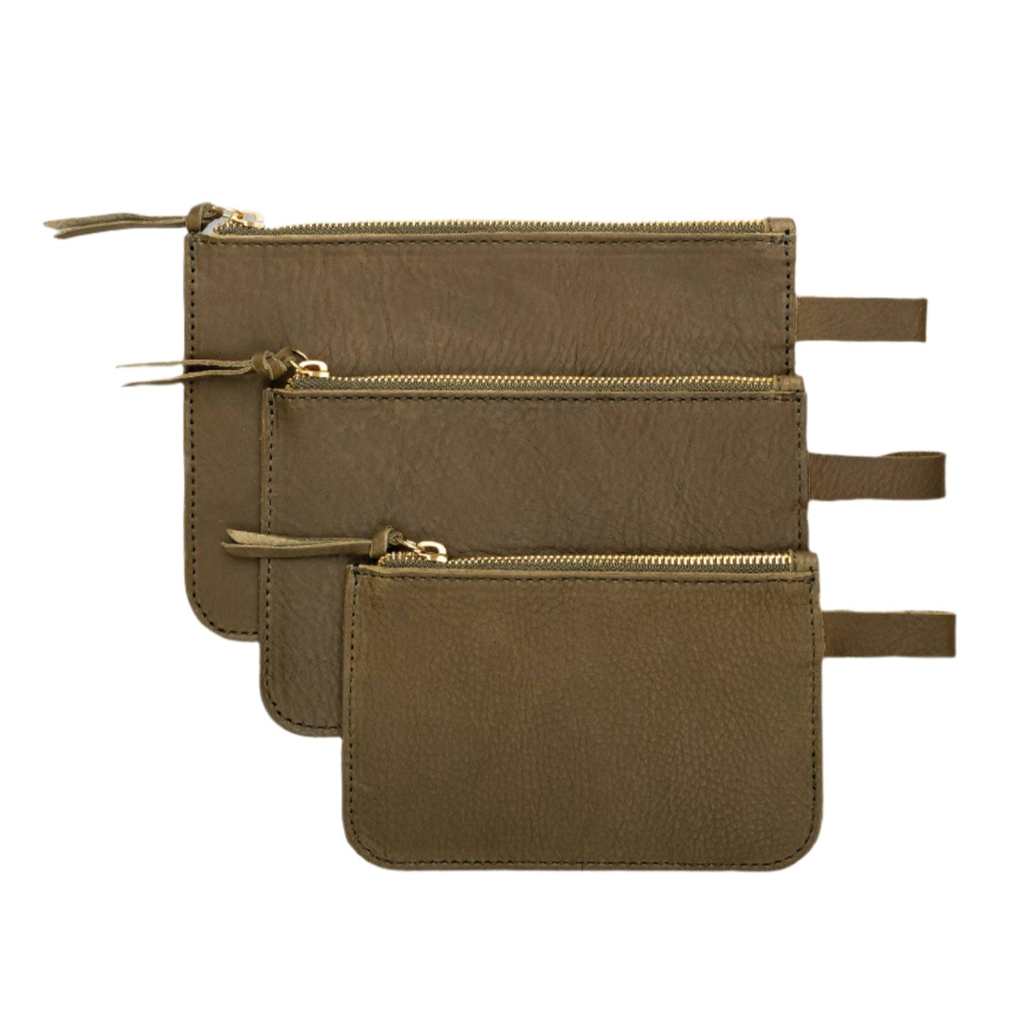Green Leather Zip Pouches Set