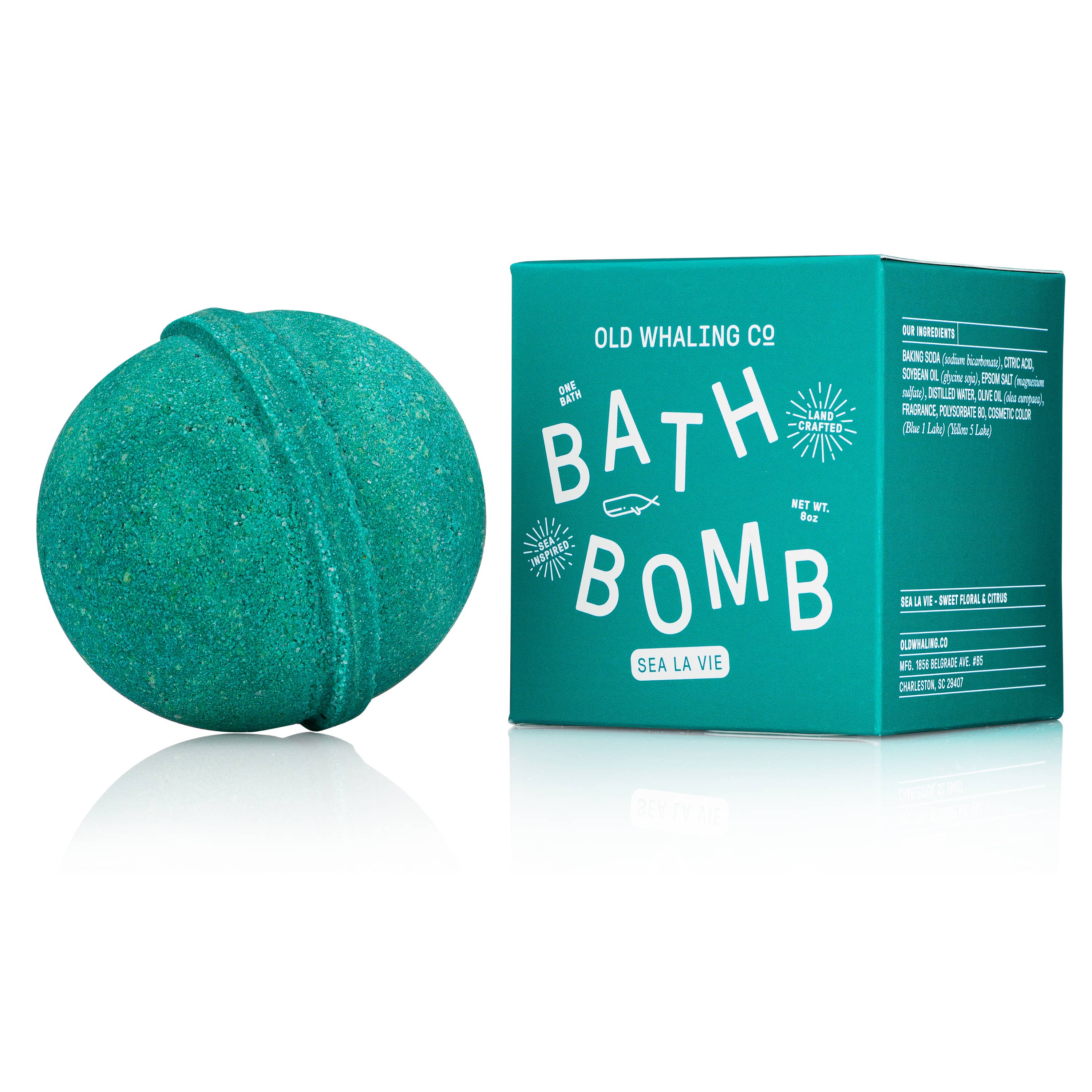 Bath bomb made with Epsom salt, olive oil and soybean oil for soft skin. Aromas of the sea shore and wildflowers in mind.