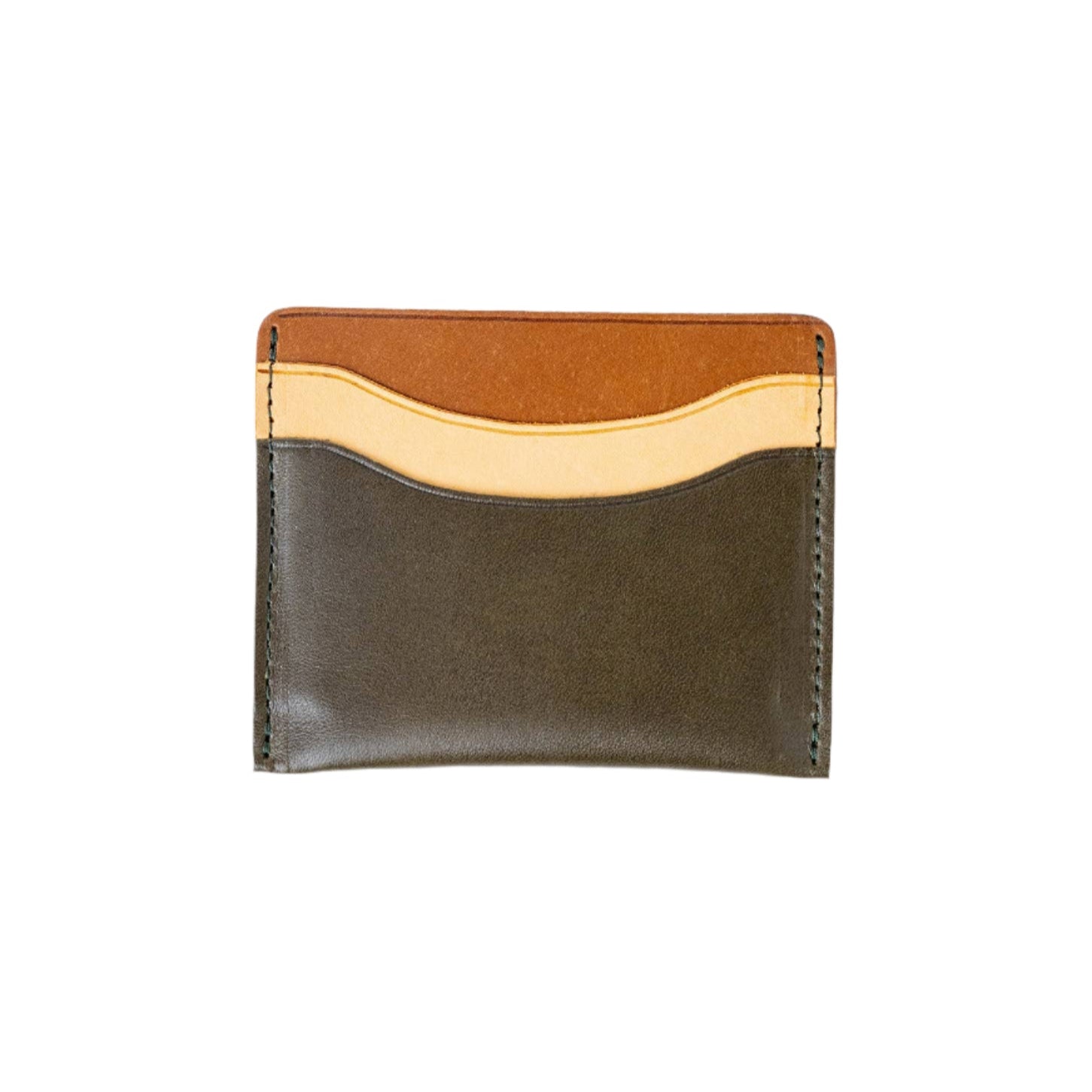Olive green leather card holder with tan and natural trim, 2 card slots and cash pocket, perfect for travel or light carry.