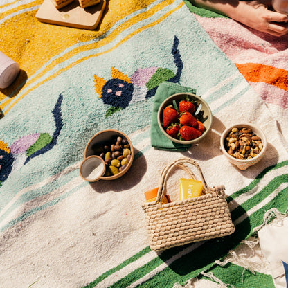 A colorful blanket with food and drinks