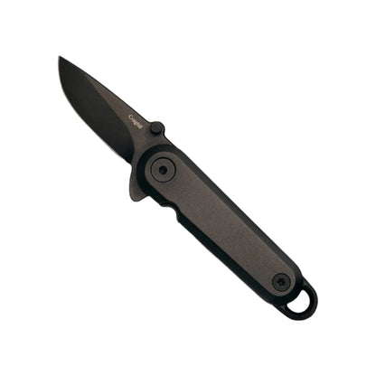 Keychain ready black stainless steel pocket knife, with a stainless steel blade for easy cutting.