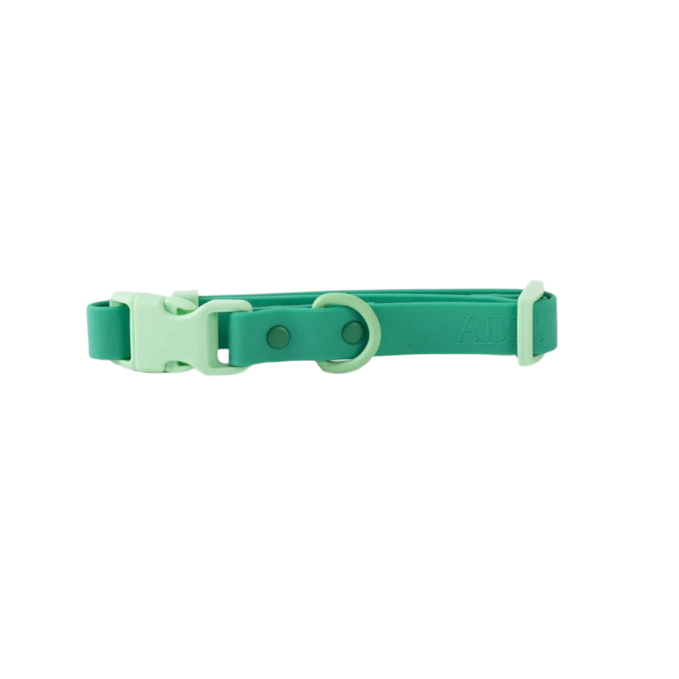 Green waterproof dog collar with seafoam accents, adjustable fit for medium breeds, durable buckle for secure everyday wear