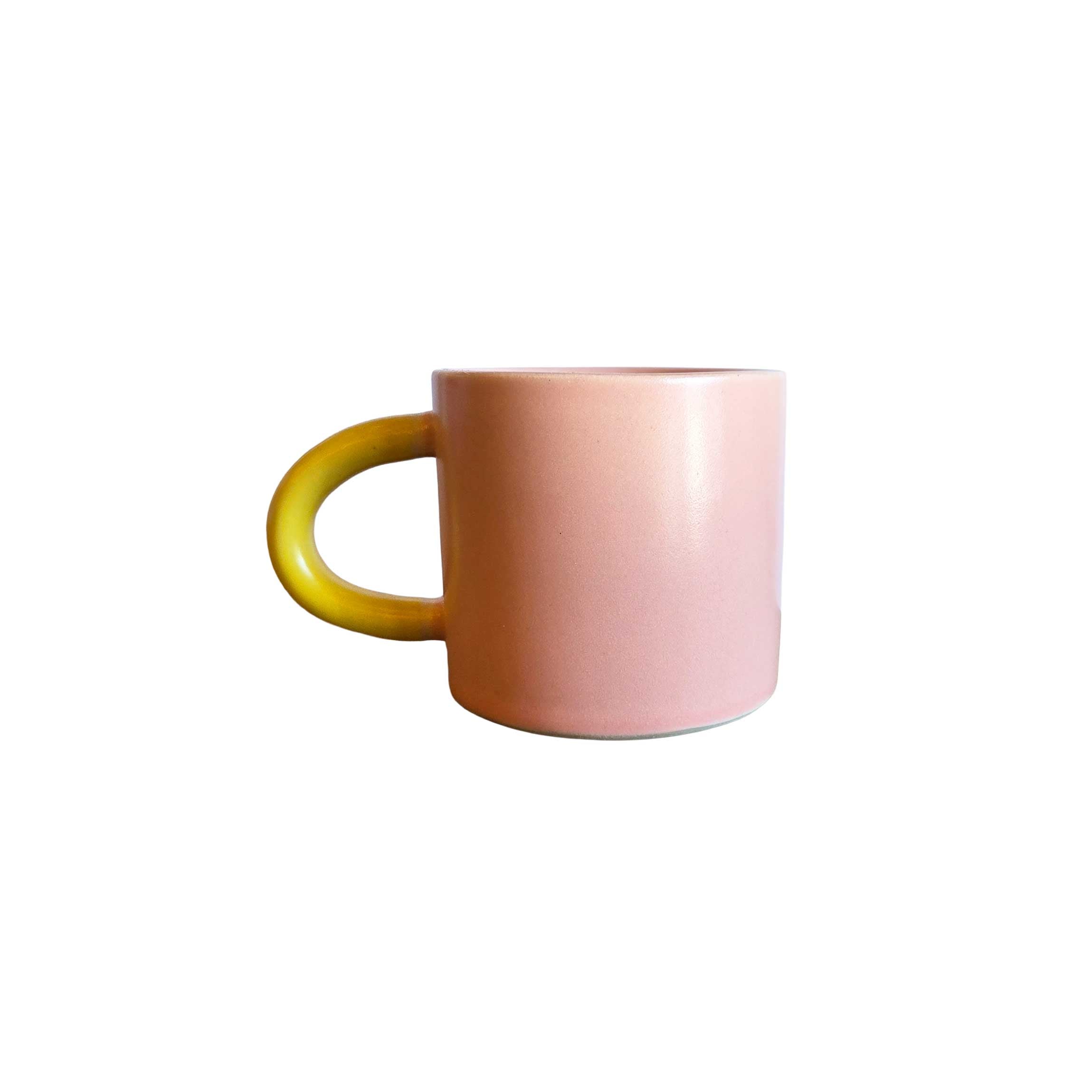 Classic ceramic mug in rose pink with bright yellow handle, 10oz size, great for coffee, tea, or colorful kitchen style.