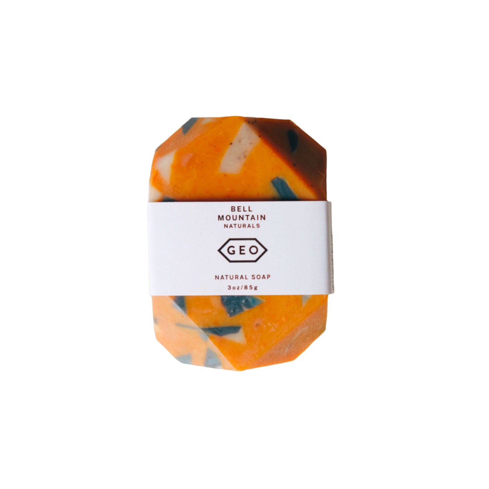 Handmade 3oz soap bar with a golden orange geometric design, Vetiver and Bergamot scent, perfect for a spa-ready gift.