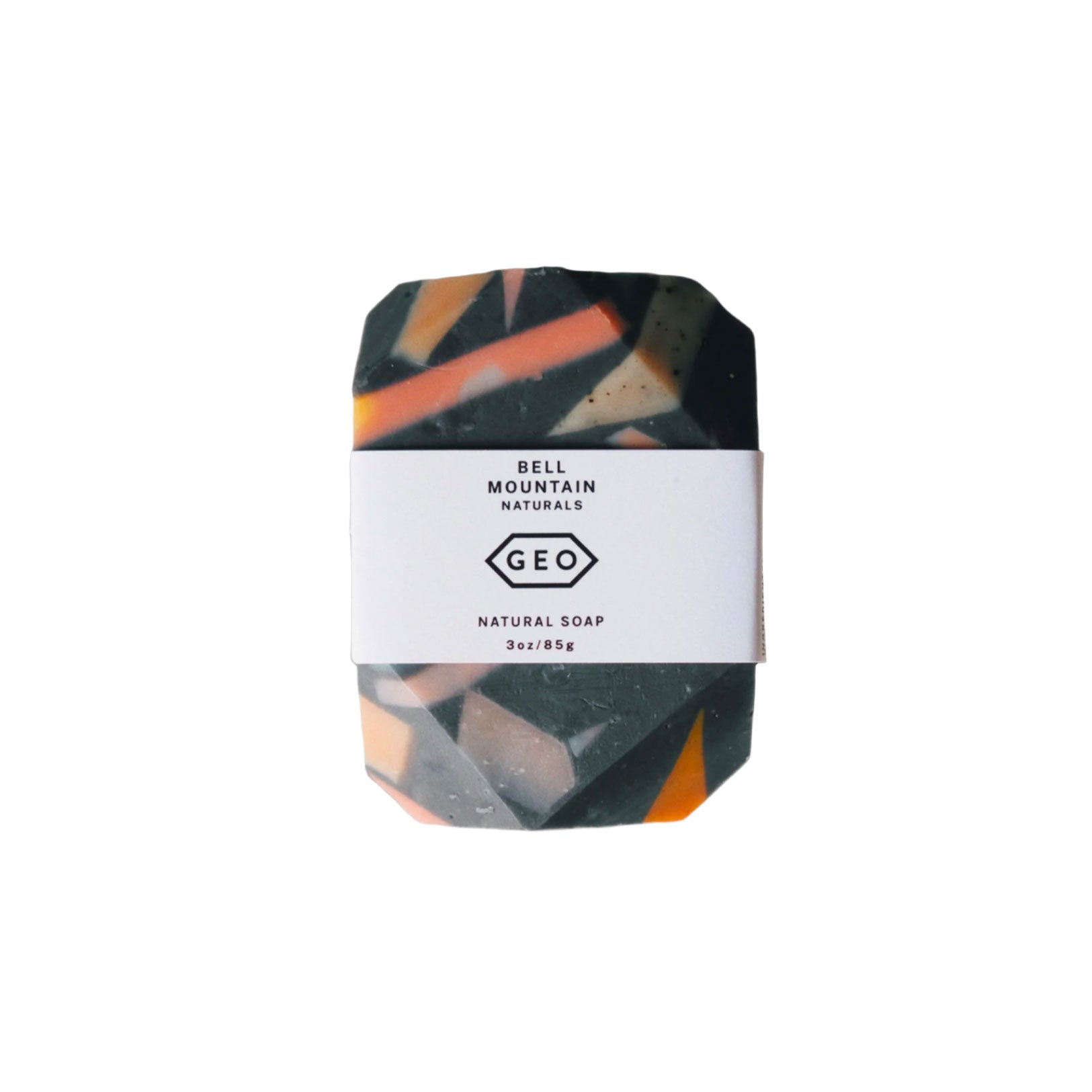 Artisan 3oz soap bar with charcoal & orange geometric design, sage and geranium scent, eco-friendly gift-ready skincare