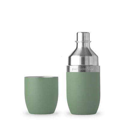 375ml insulated stainless steel flask in cypress green with magnetic tumbler, ideal for travel, picnics, or hikes.