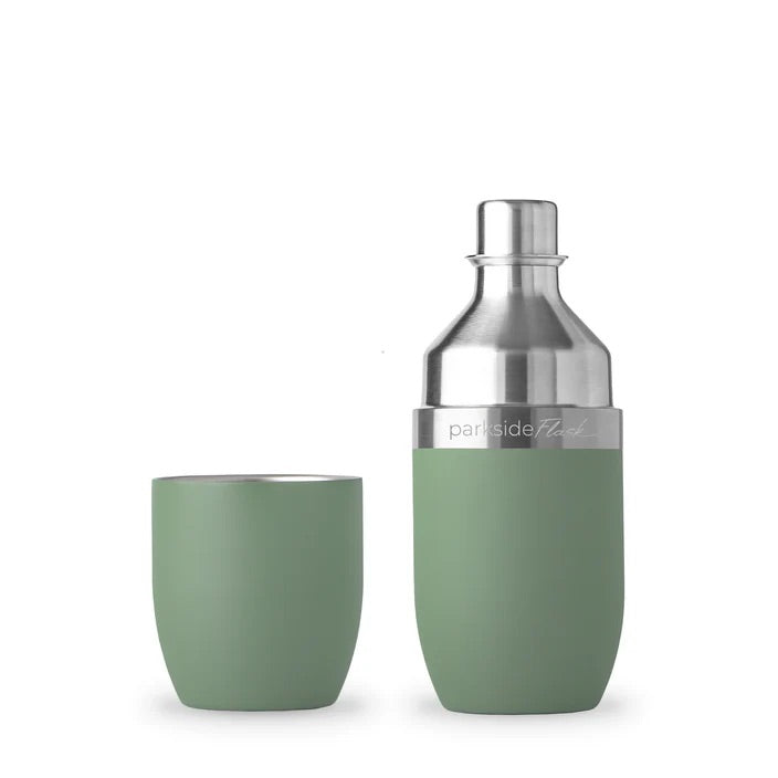 375ml insulated stainless steel flask in cypress green with magnetic tumbler, ideal for travel, picnics, or hikes.