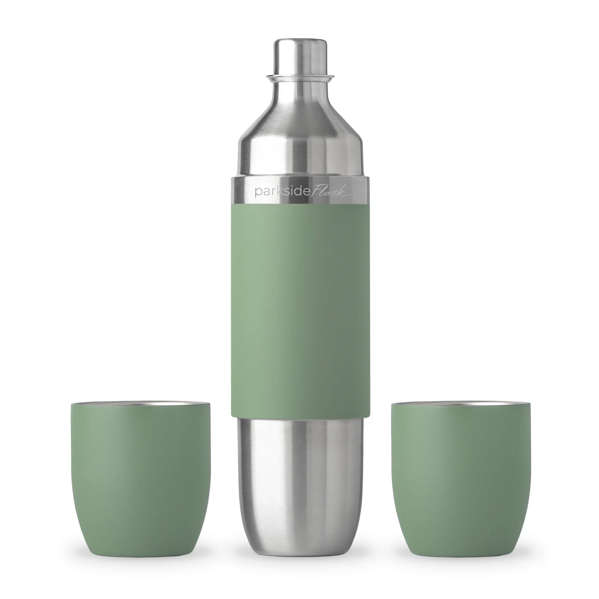 750ml insulated stainless steel flask in cypress green with 2 magnetic tumblers, ideal for picnics, travel, or tailgating.