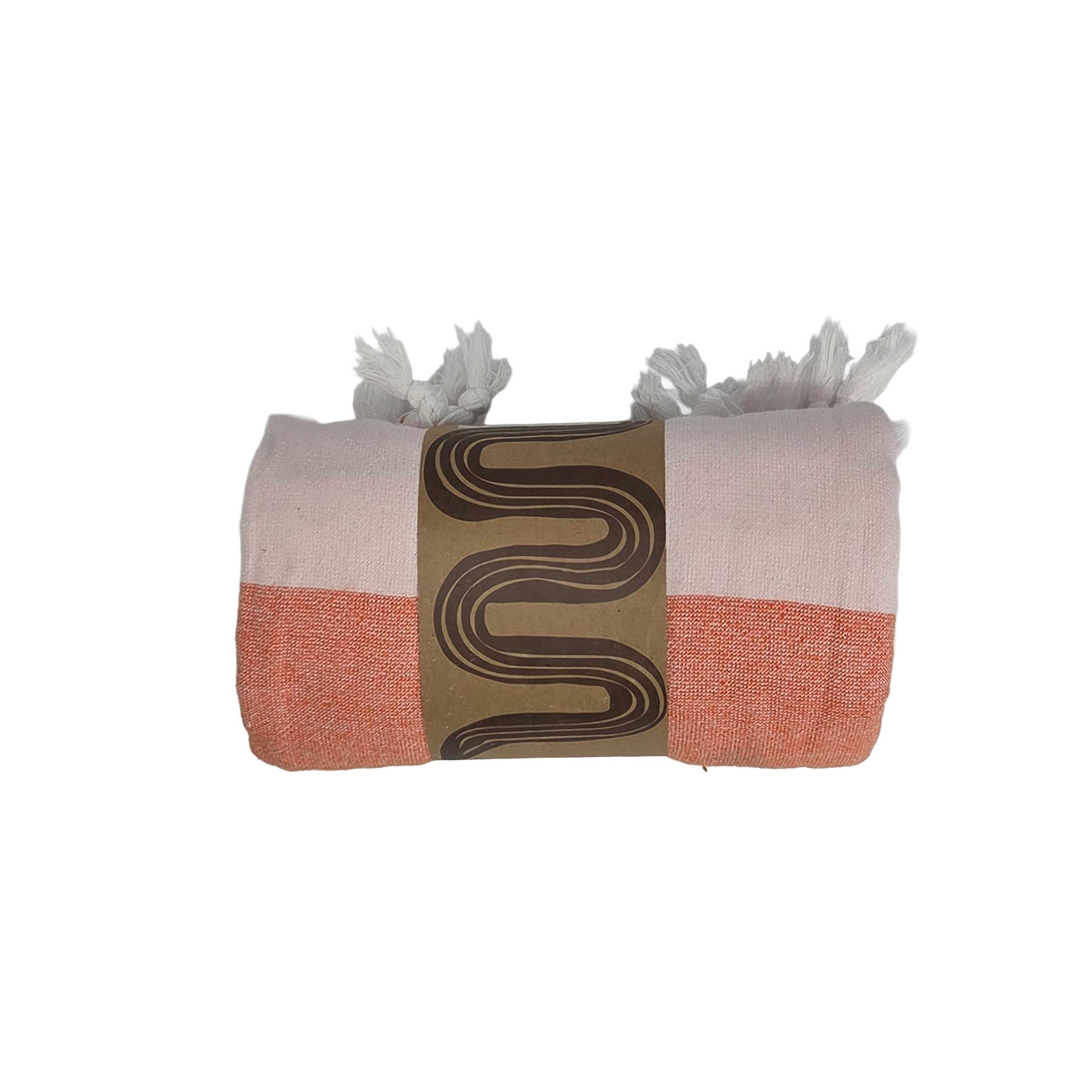 Lightweight, fast drying towel in bright red and light pink stripes with tasseled edges. Perfect for days at the beach or lake.