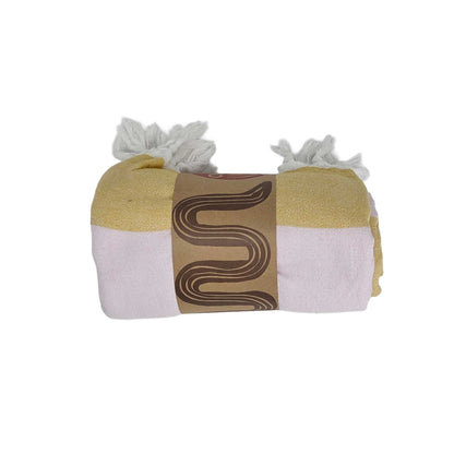 Lightweight, fast drying towel in robin-egg blue and rust orange stripes with tasseled edges. Perfect for picnics at the beach.