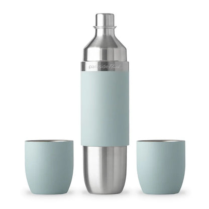 750ml insulated stainless steel flask in granite with 2 magnetic tumblers, great for camping, road trips, or outdoor use.