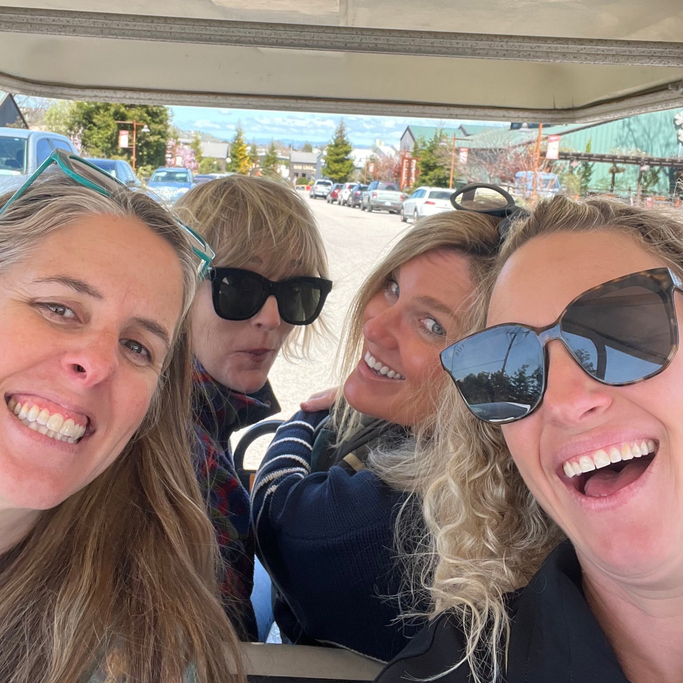 Four people in a vehicle, smiling and wearing sunglasses.