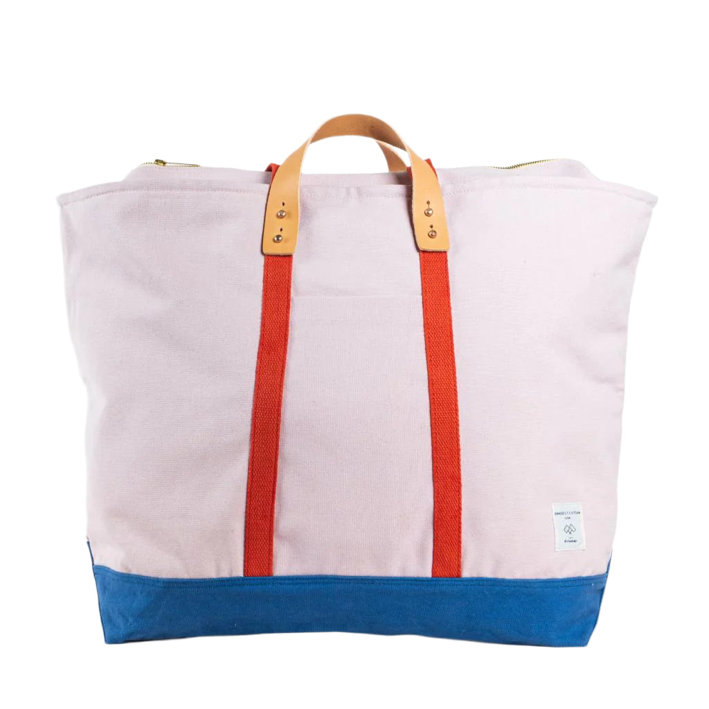 Oversized zipper tote bag, shell canvas with sky blue bottom and red straps, jumbo size for beach, market, or travel