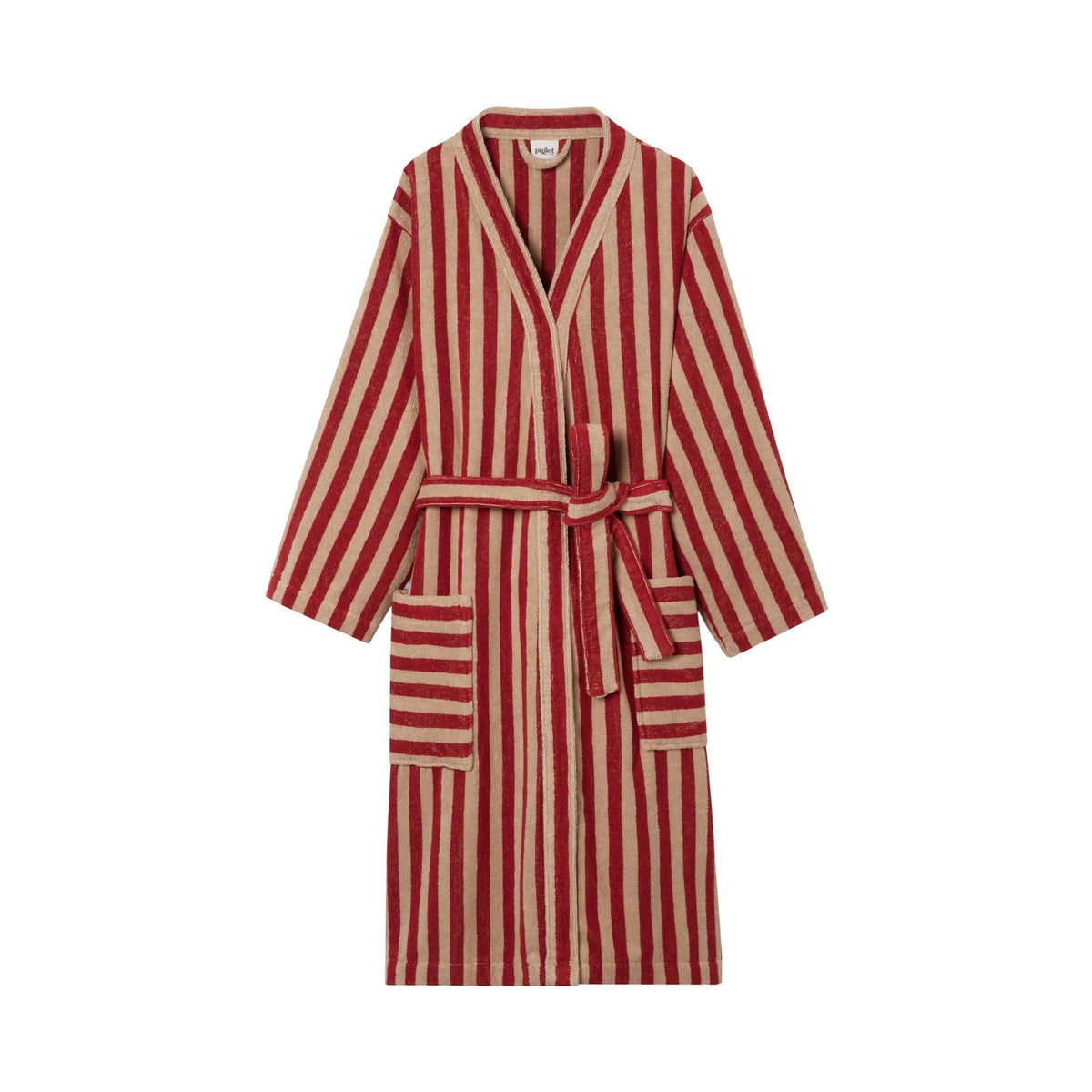 A long-sleeved, belted robe with vertical red and beige stripes, against a solid white background.