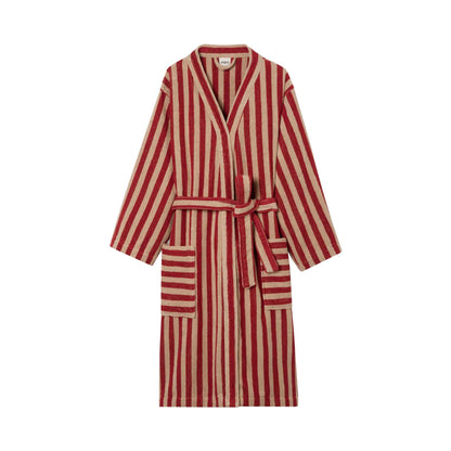 A long-sleeved, belted robe with vertical red and beige stripes, against a solid white background.