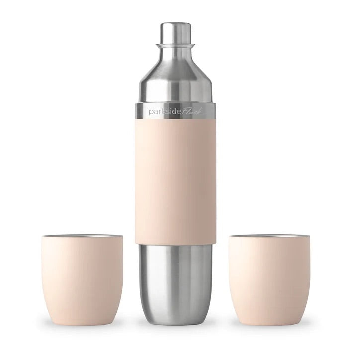 750ml insulated stainless steel flask in rose with 2 magnetic tumblers, perfect for picnics, parties, or gifting