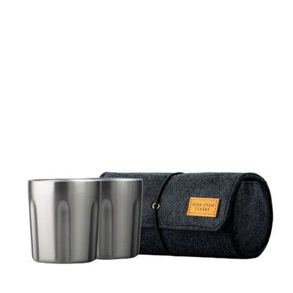 Stainless steel Firelight tumbler 2-pack, 10.5oz each, with wool felt carrying case, great for travel or outdoor sipping.