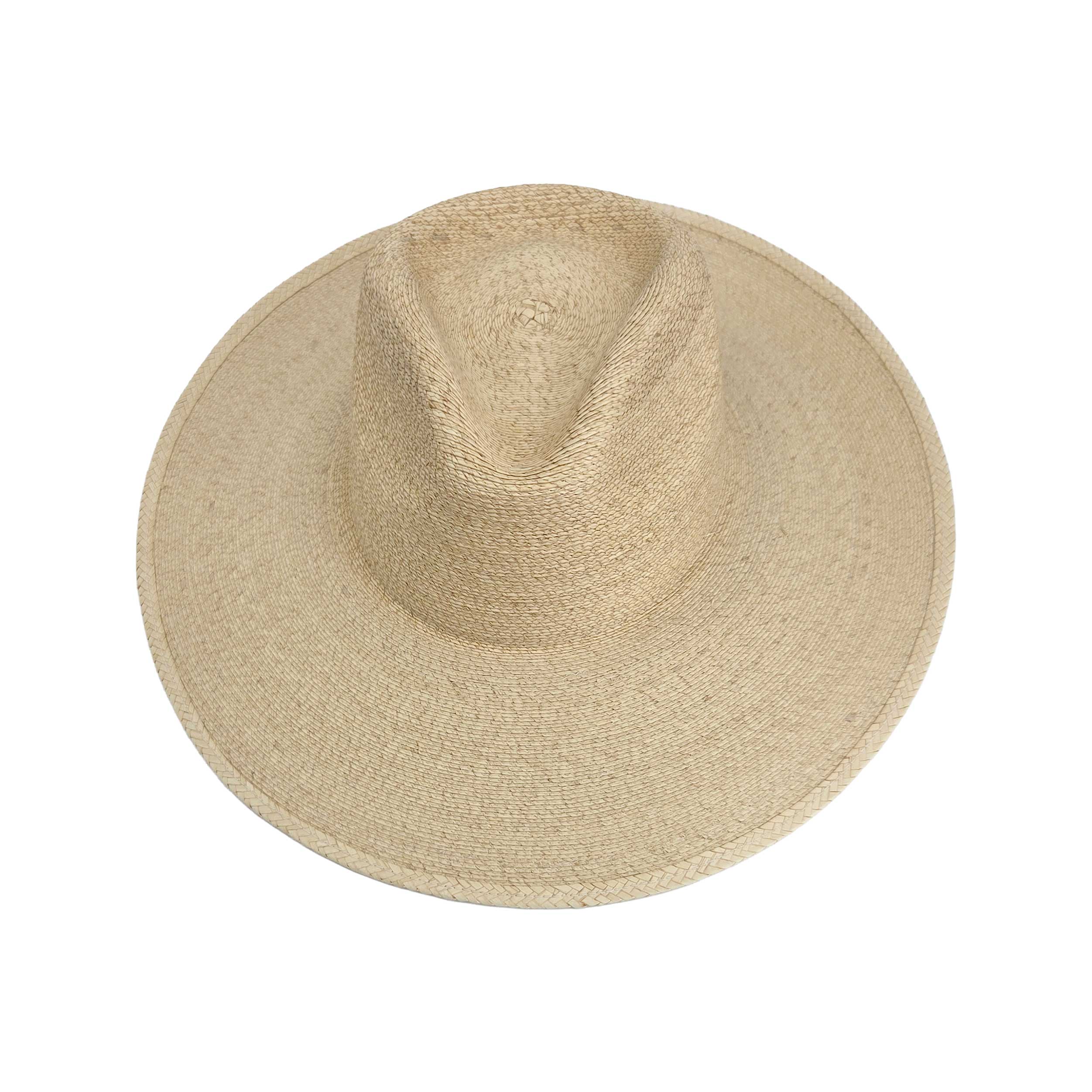 Naturally sun-bleached palm rancher hat size medium, handwoven with a relaxed, coastal vibe—perfect for beach days or summer getaways