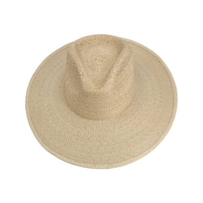 Naturally sun-bleached palm rancher hat size medium, handwoven with a relaxed, coastal vibe—perfect for beach days or summer getaways