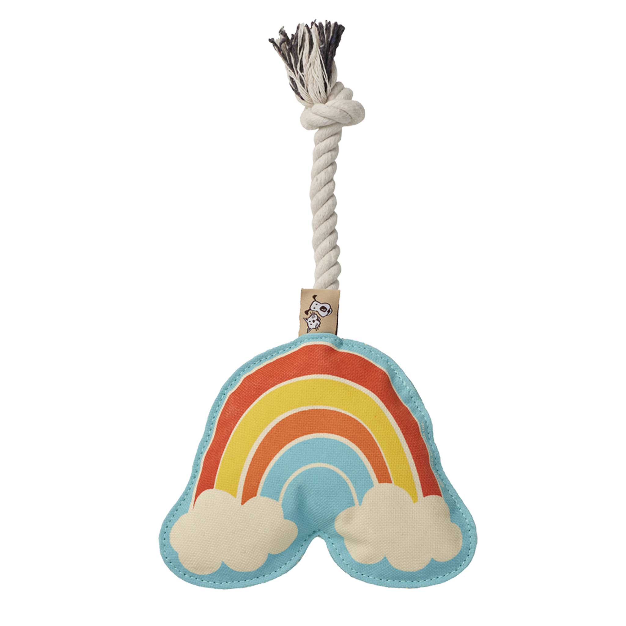 Sturdy rope dog toy with an illustrated retro rainbow on canvas