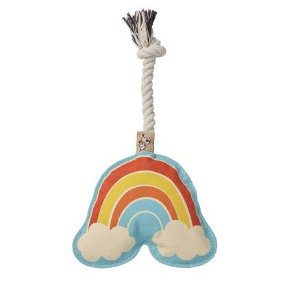 Sturdy rope dog toy with an illustrated retro rainbow on canvas