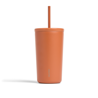Terracotta colored, 16 oz Cold Cup with twist lid and reusable straw, BPA-free, no-sweat finish, keeps drinks hot or cold.