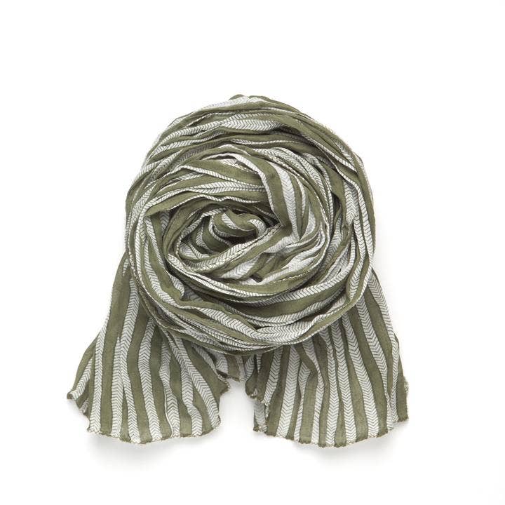 Fair trade made Morocco Stripe scarf in olive green, 20x80 inches, soft and lightweight for styling for a festival or a picnic lunch.
