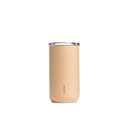 Reusable tumbler in desert tan, 12oz insulated design for daily use, ideal for hot or cold drinks on the go.