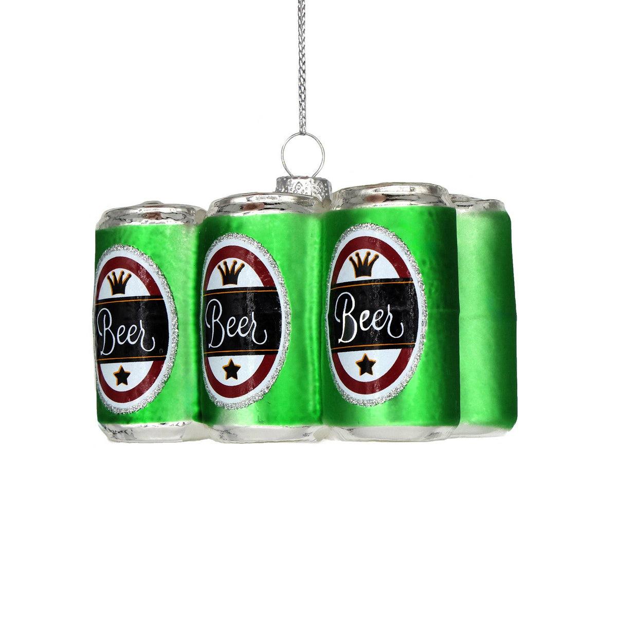 Three green beer cans clustered together as a hanging ornament, with a silver hanging loop at the top and the word 'Beer' on the front labels.