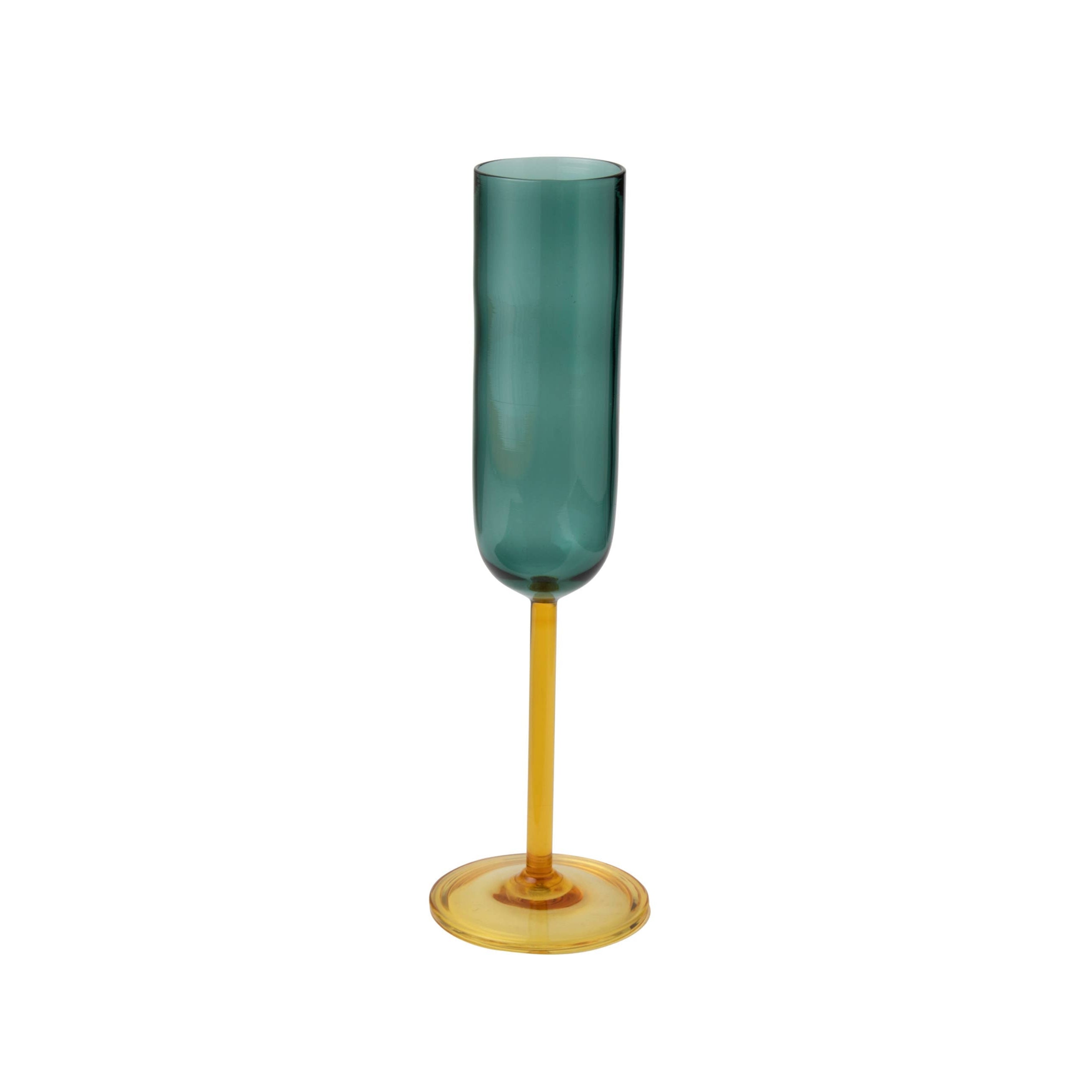 Hand-blown champagne flute with blue cup and yellow stem, elegant 6oz glass for toasting, celebrations, or special occasions.