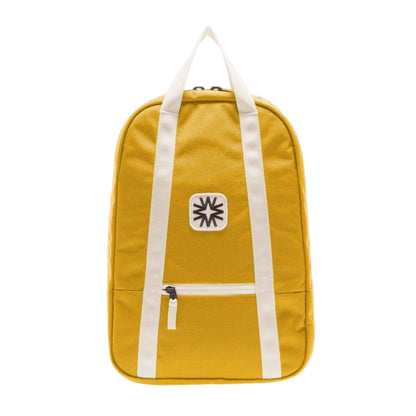 Arrow Pack backpack in yellow canvas with adjustable straps, bright and durable bag for weekend trips or hiking.
