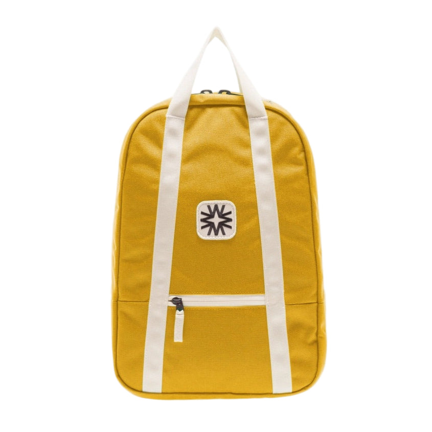Arrow Pack backpack in yellow canvas with adjustable straps, bright and durable bag for weekend trips or hiking.