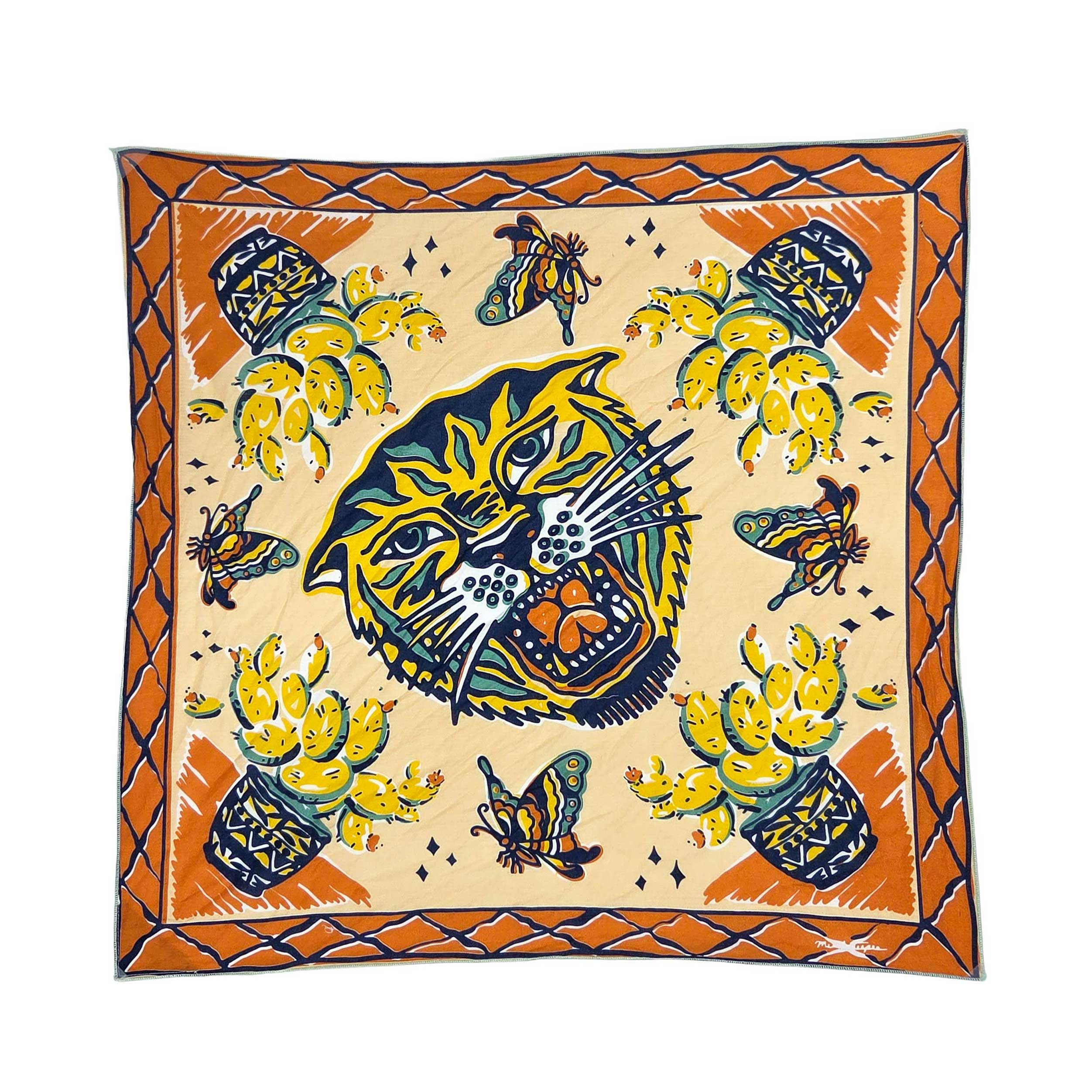 Multi-color square bandana with a tiger in the middle, desert cacti, and butterflies symbolizing hope and renewal in the landscape.