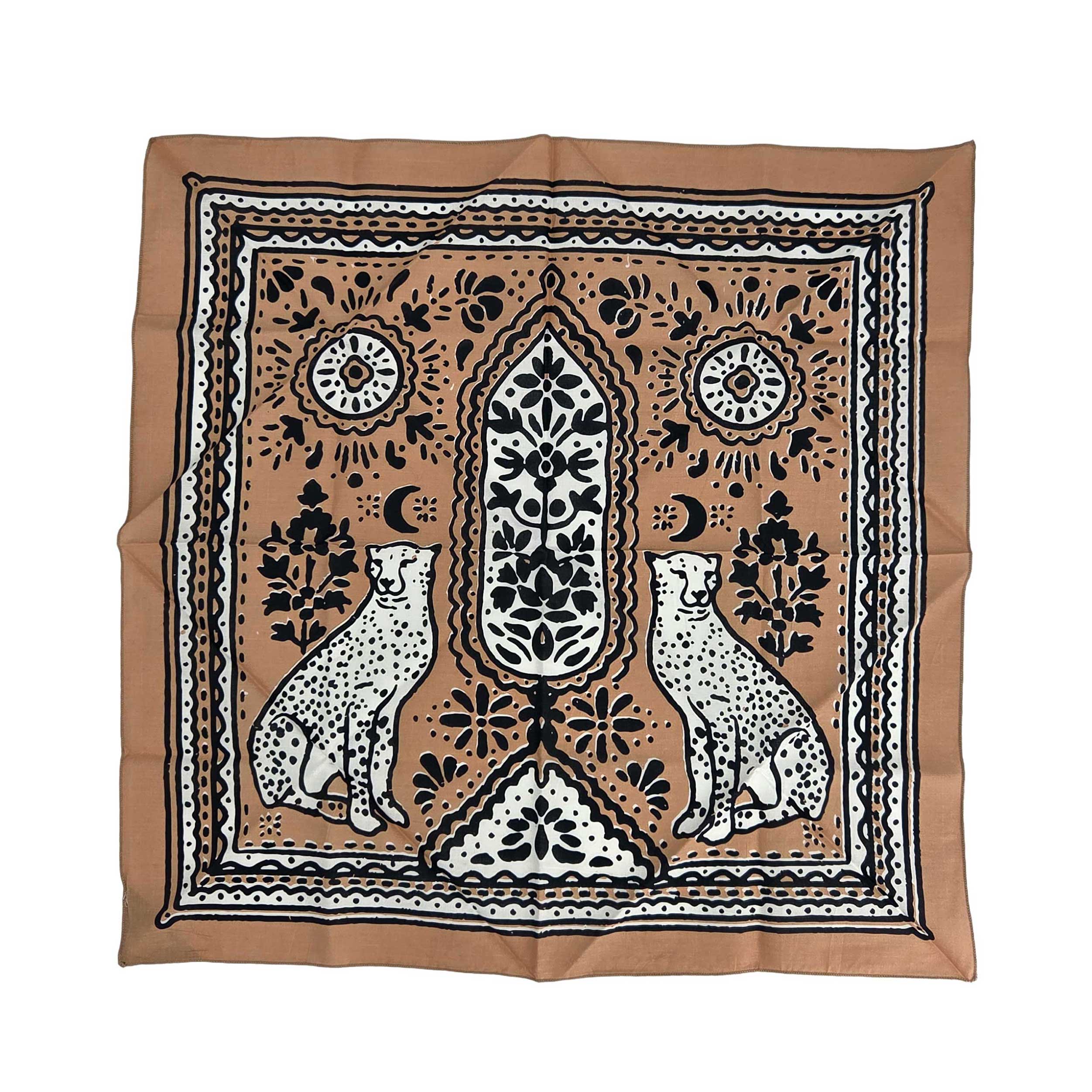 Khaki square bandana with blooming flowers and cheetahs sitting in the middle. Fun outterwear accessory. 